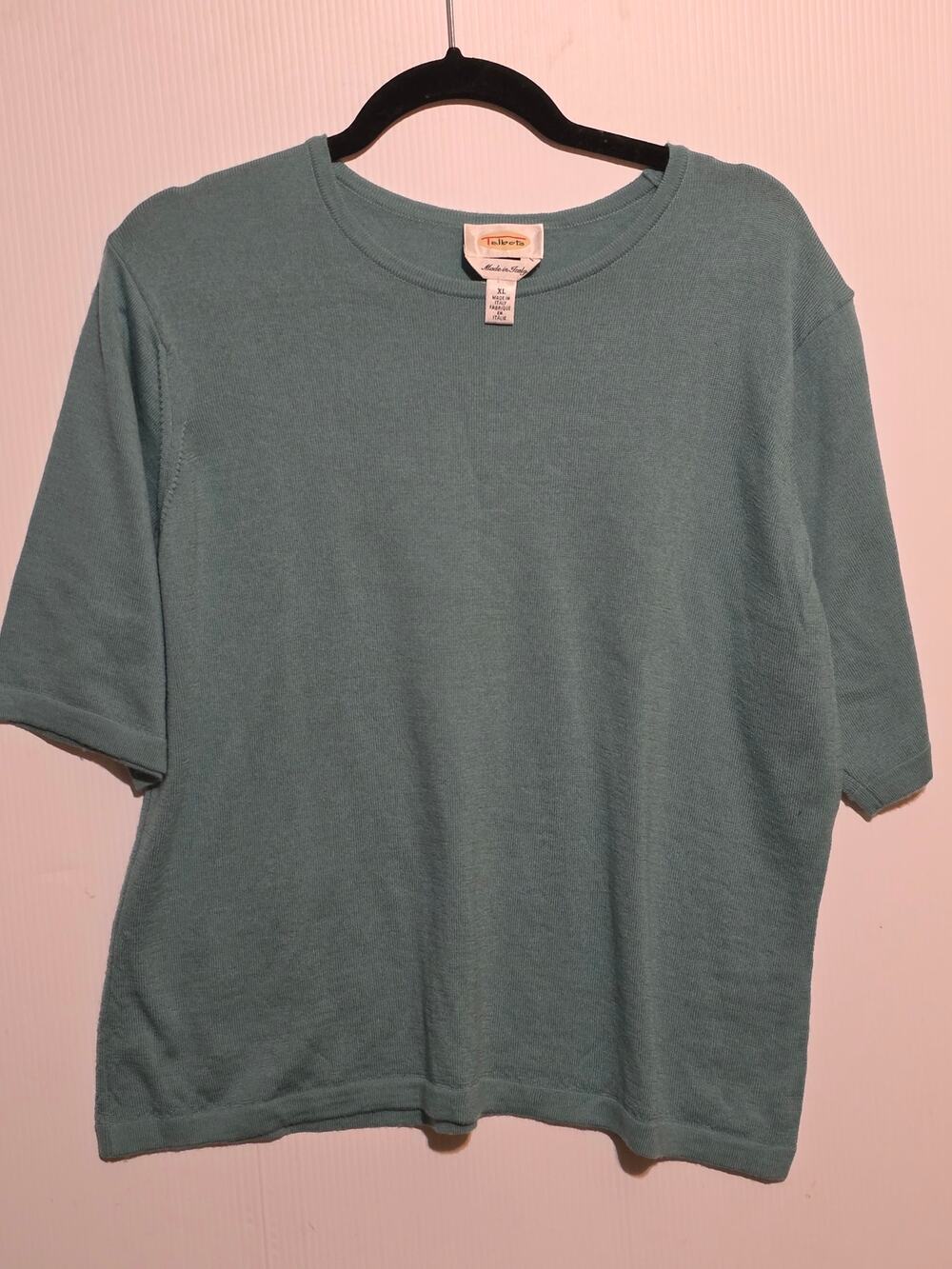 Talbots Green Merino Wool Sweater Size XL Short Sleeve Knit Top Made In Italy
